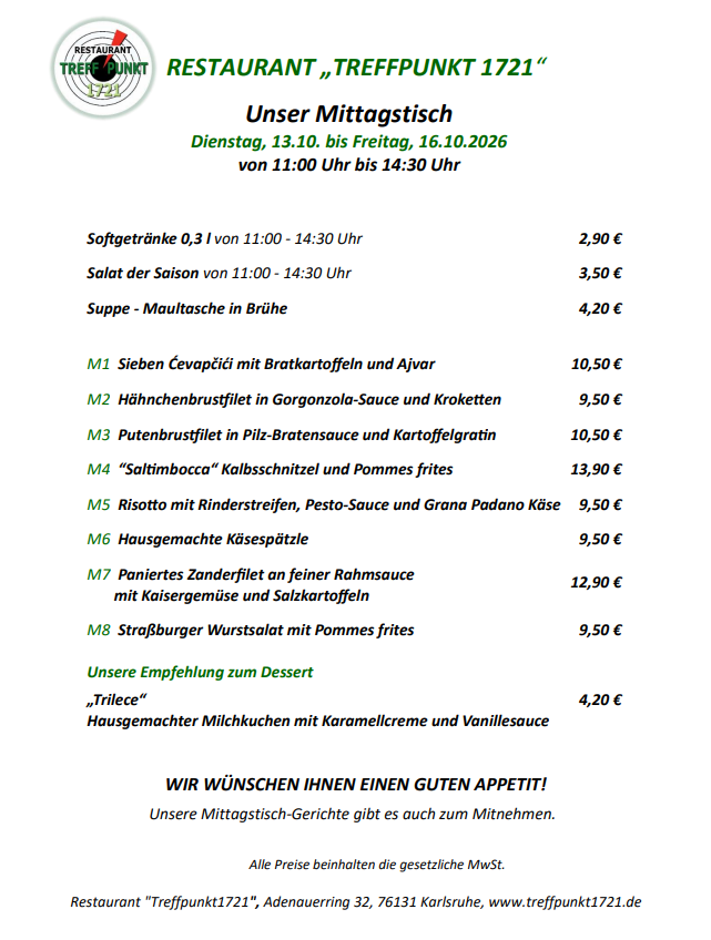 Mittagstisch vom 13.10. bis 16.10.2026 Restaurant Treffpunkt 1721
