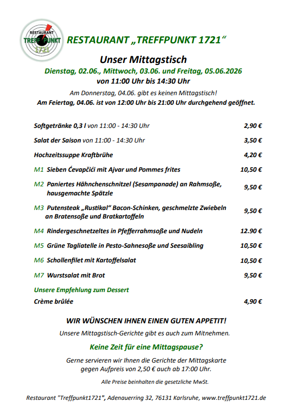 Mittagstisch am Dienstag, 02.06., Mittwoch, 03.06. und Freitag, 05.06.2026 Restaurant Treffpunkt 1721