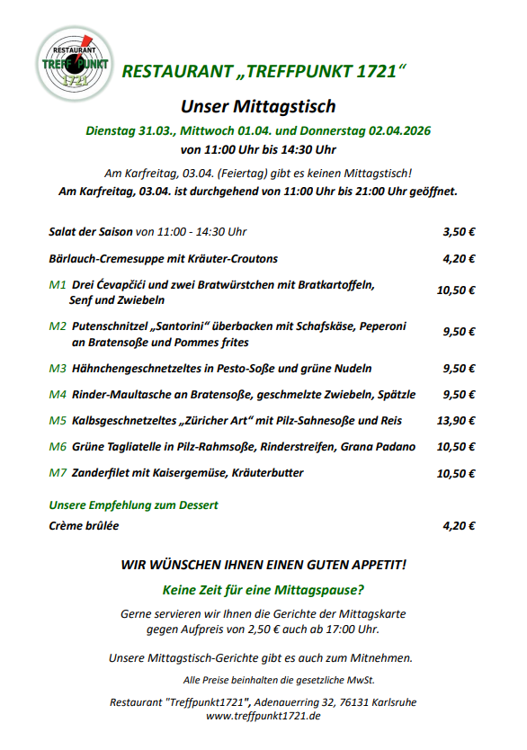 31.03.-02.04.2026 Karte Mittagstisch Restaurant Treffpunkt 1721
