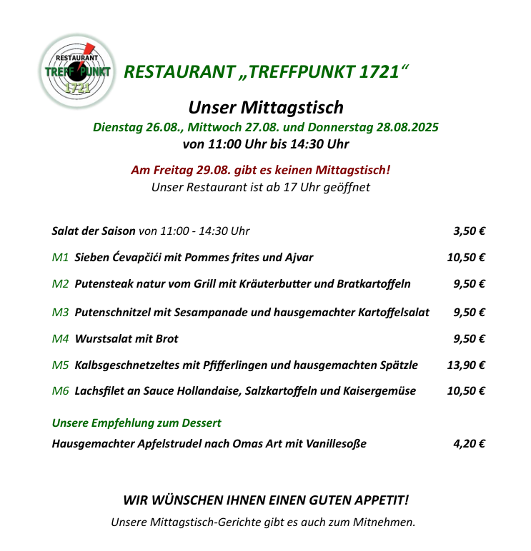 Mittagstisch Restaurant Treffpunkt 1721