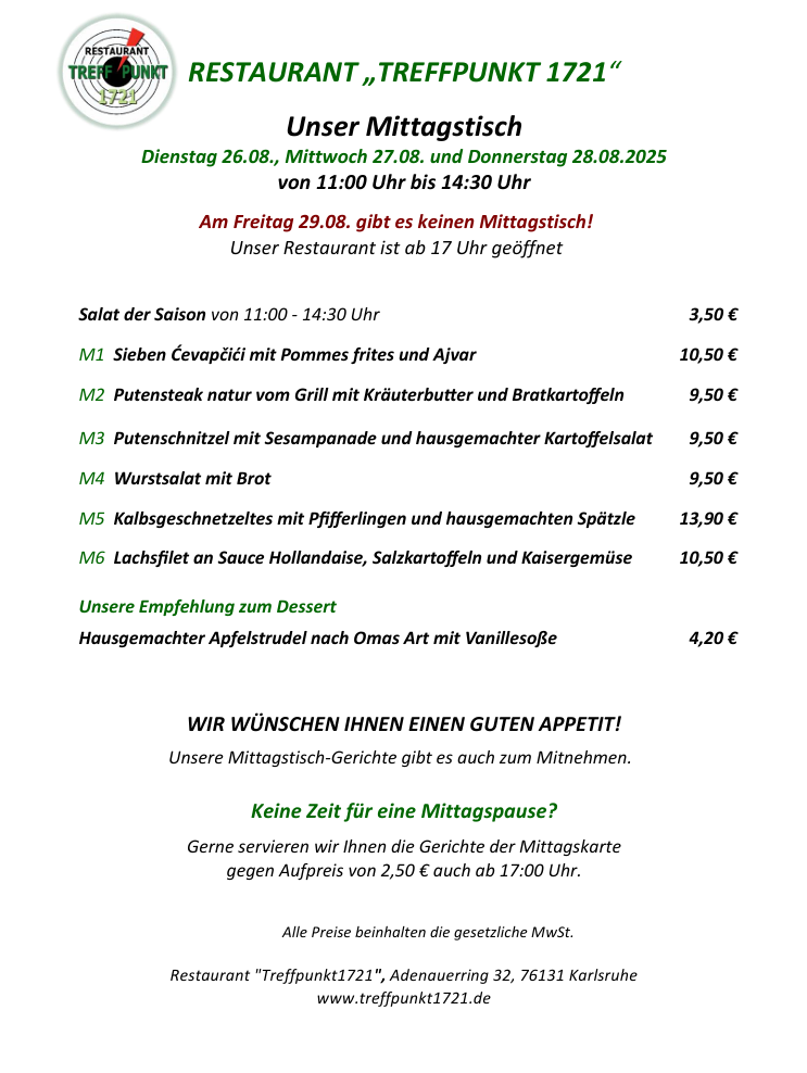 Mittagstisch Restaurant Treffpunkt 1721 Mittagstisch Restaurant Treffpunkt 1721