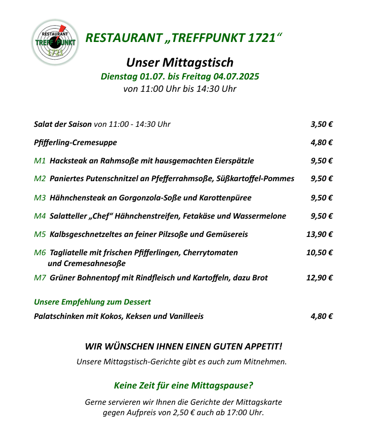 Mittagstisch Restaurant Treffpunkt 1721