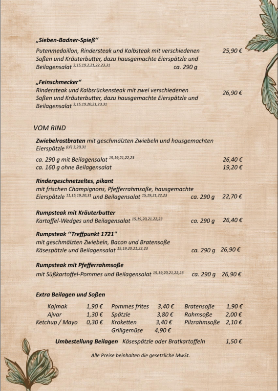 Speisekarte "Treffpunkt 1721"