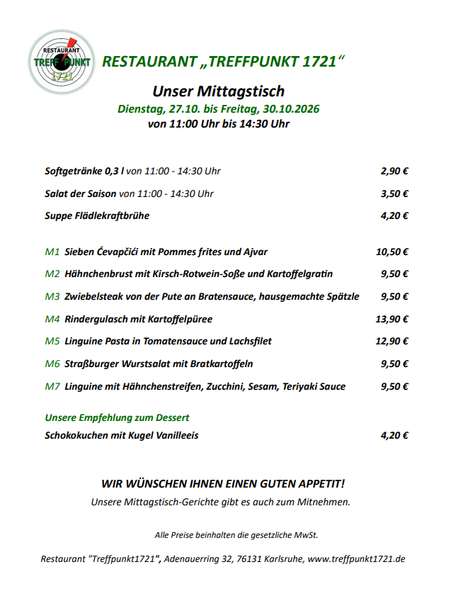 Mittagstisch vom 27.10. bis 30.10.2026 Restaurant Treffpunkt 1721