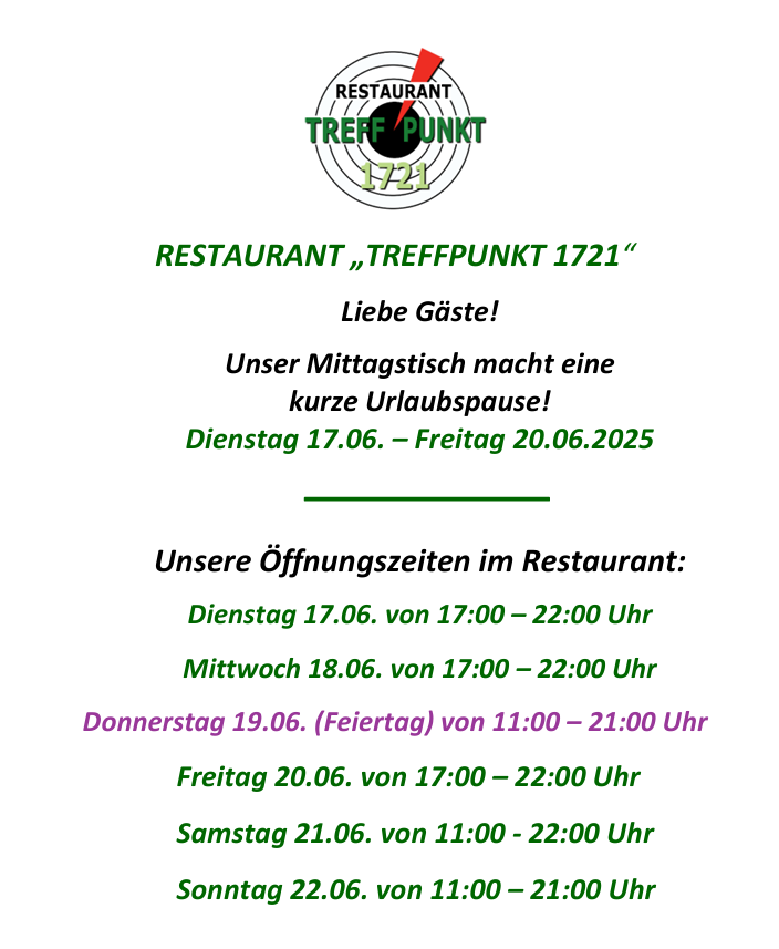 Mittagstisch Restaurant Treffpunkt 1721