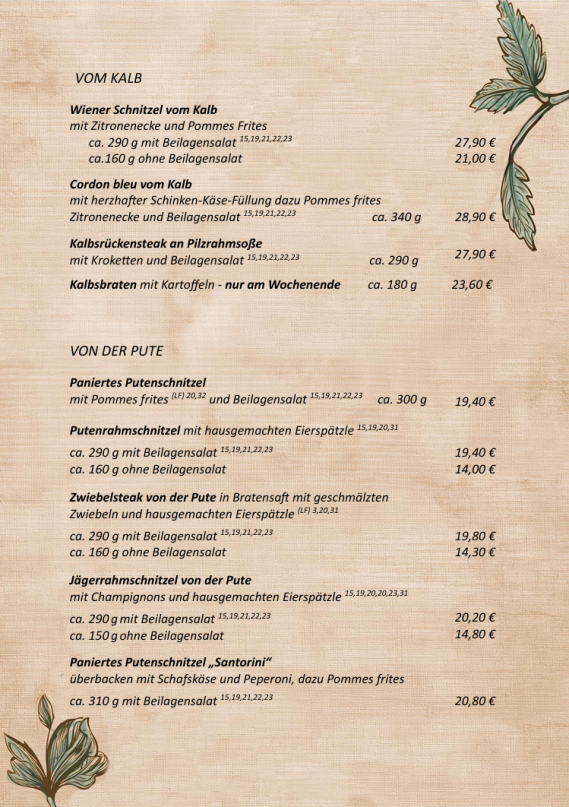 Speisekarte "Treffpunkt 1721"