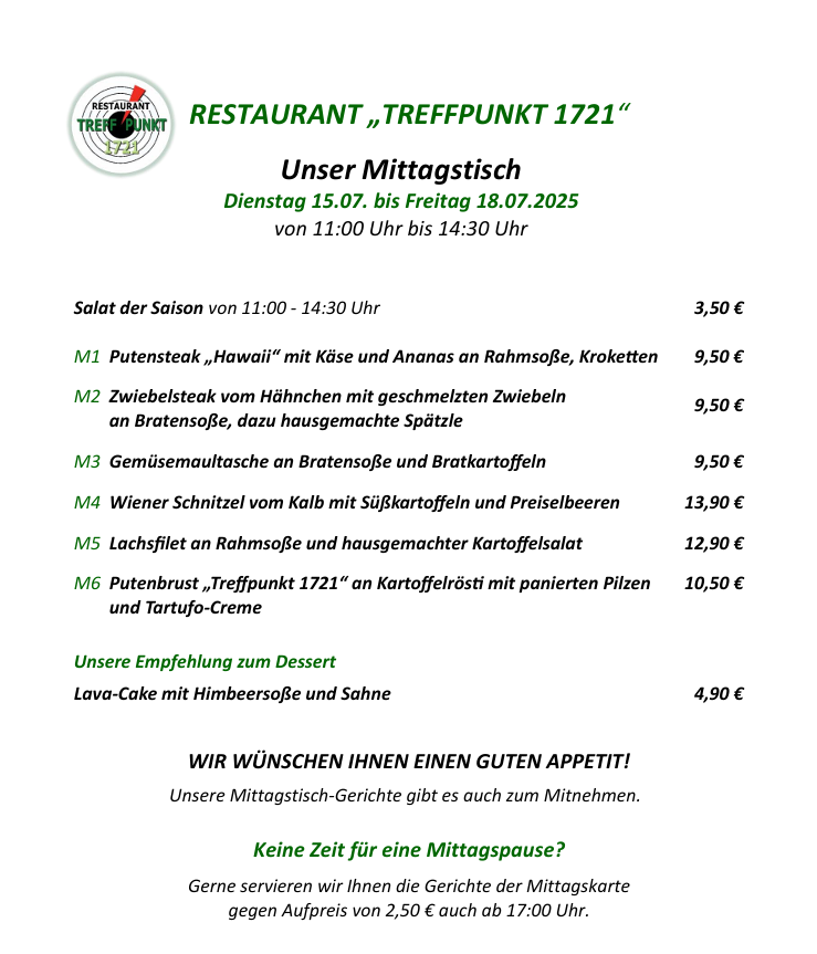 Mittagstisch Restaurant Treffpunkt 1721