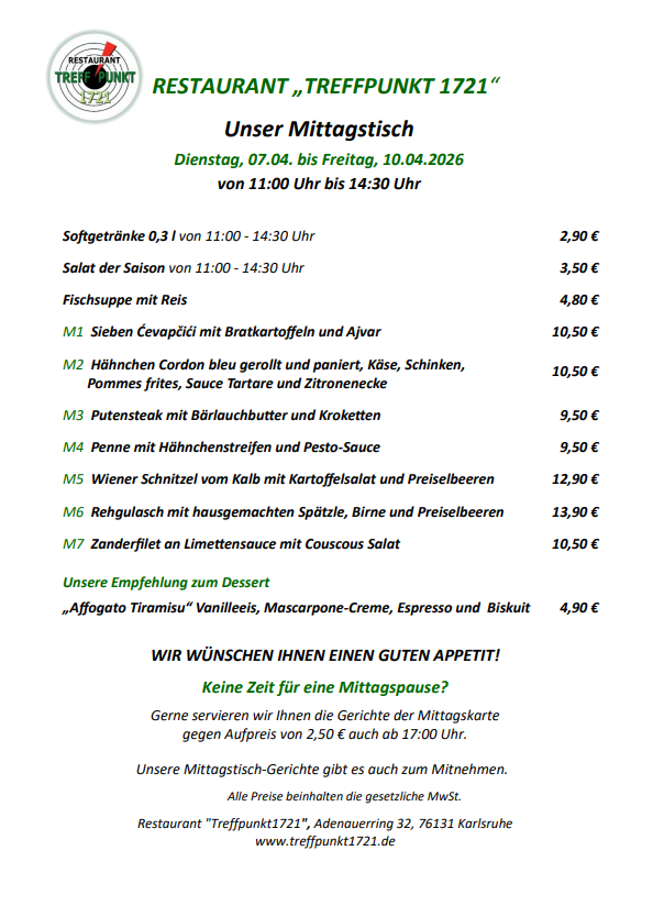 14.04.-17.04.2026 Karte Mittagstisch Restaurant Treffpunkt 1721
