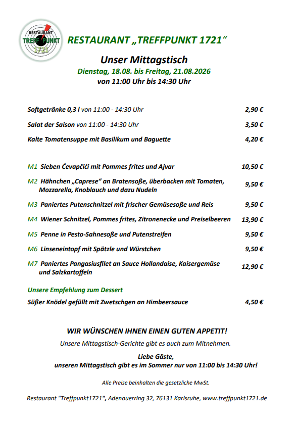 Mittagstisch vom 18.08. bis 21.08.2026 Restaurant Treffpunkt 1721