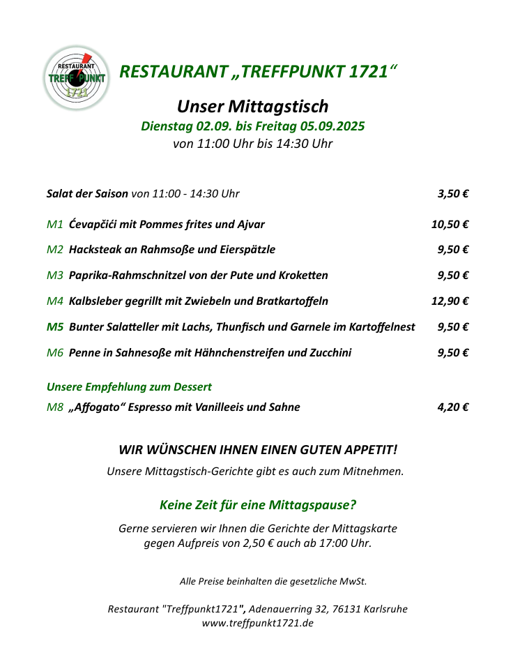 Mittagstisch Restaurant Treffpunkt 1721