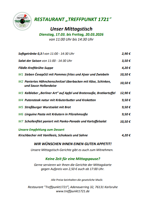 17.03.-20.03.2026 Karte Mittagstisch Restaurant Treffpunkt 1721