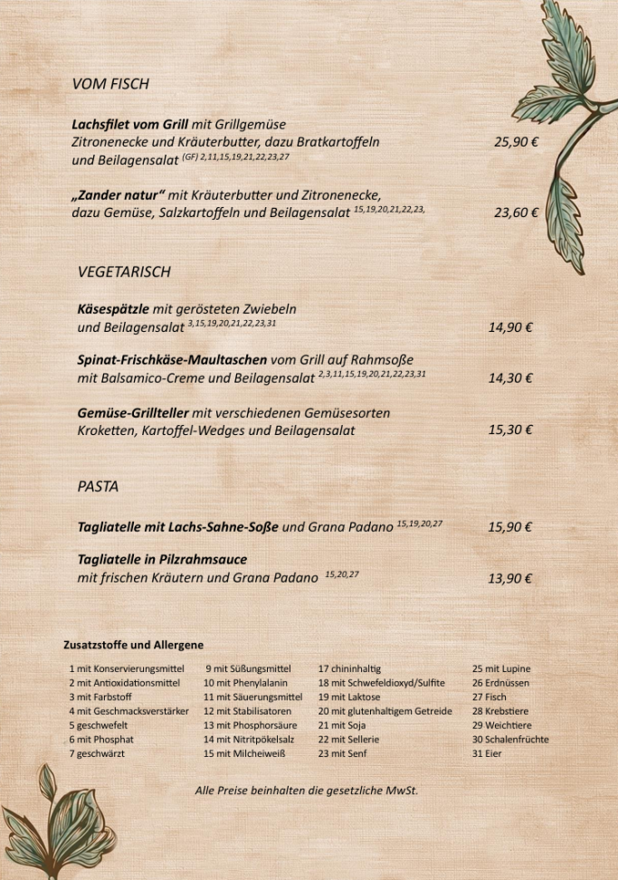 Fisch, Pasta und Vegetarisch