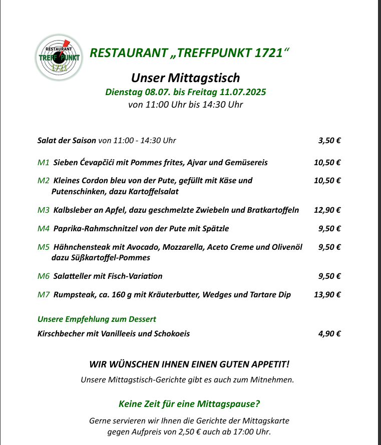 Mittagstisch Restaurant Treffpunkt 1721