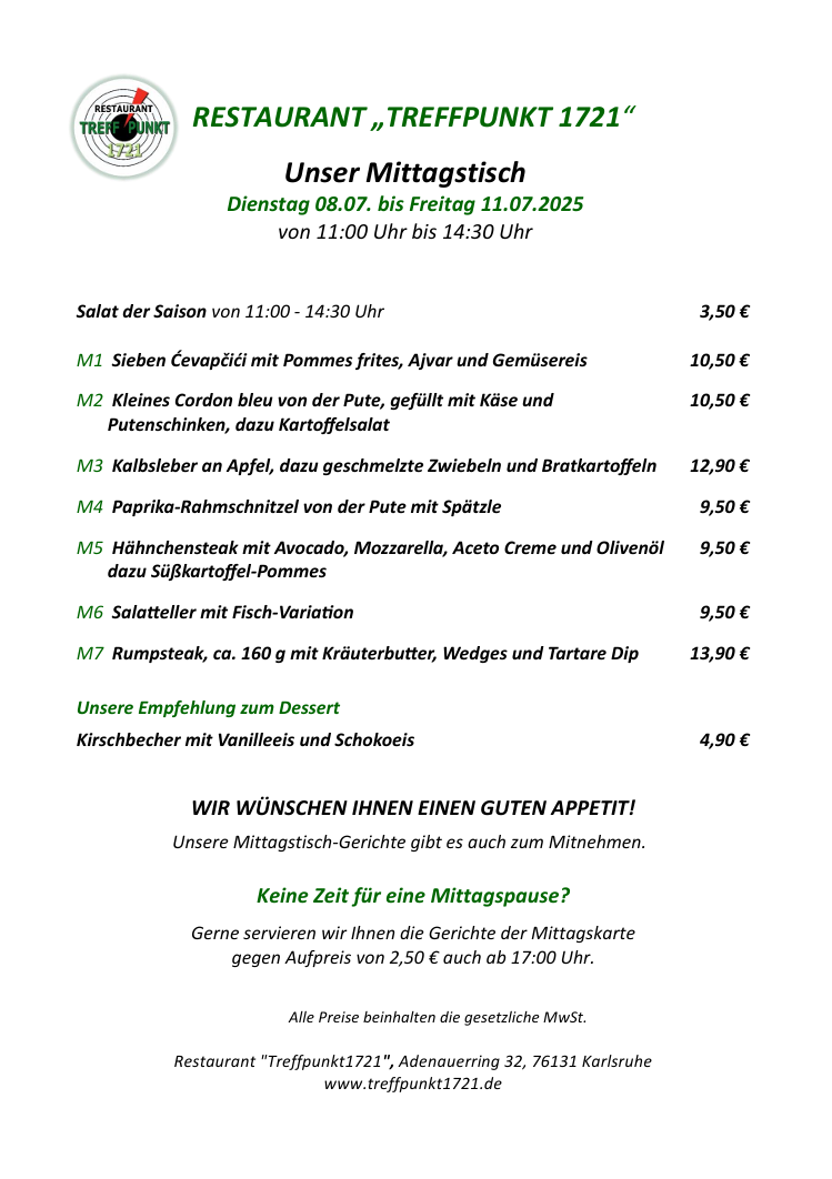 Mittagstisch Restaurant Treffpunkt 1721   